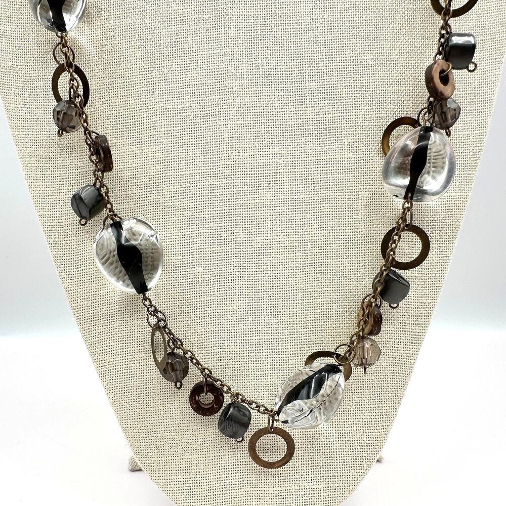 Vintage 80s Beaded Station Necklace Bronze Tone Boho Women's Classic Jewelry Y2K